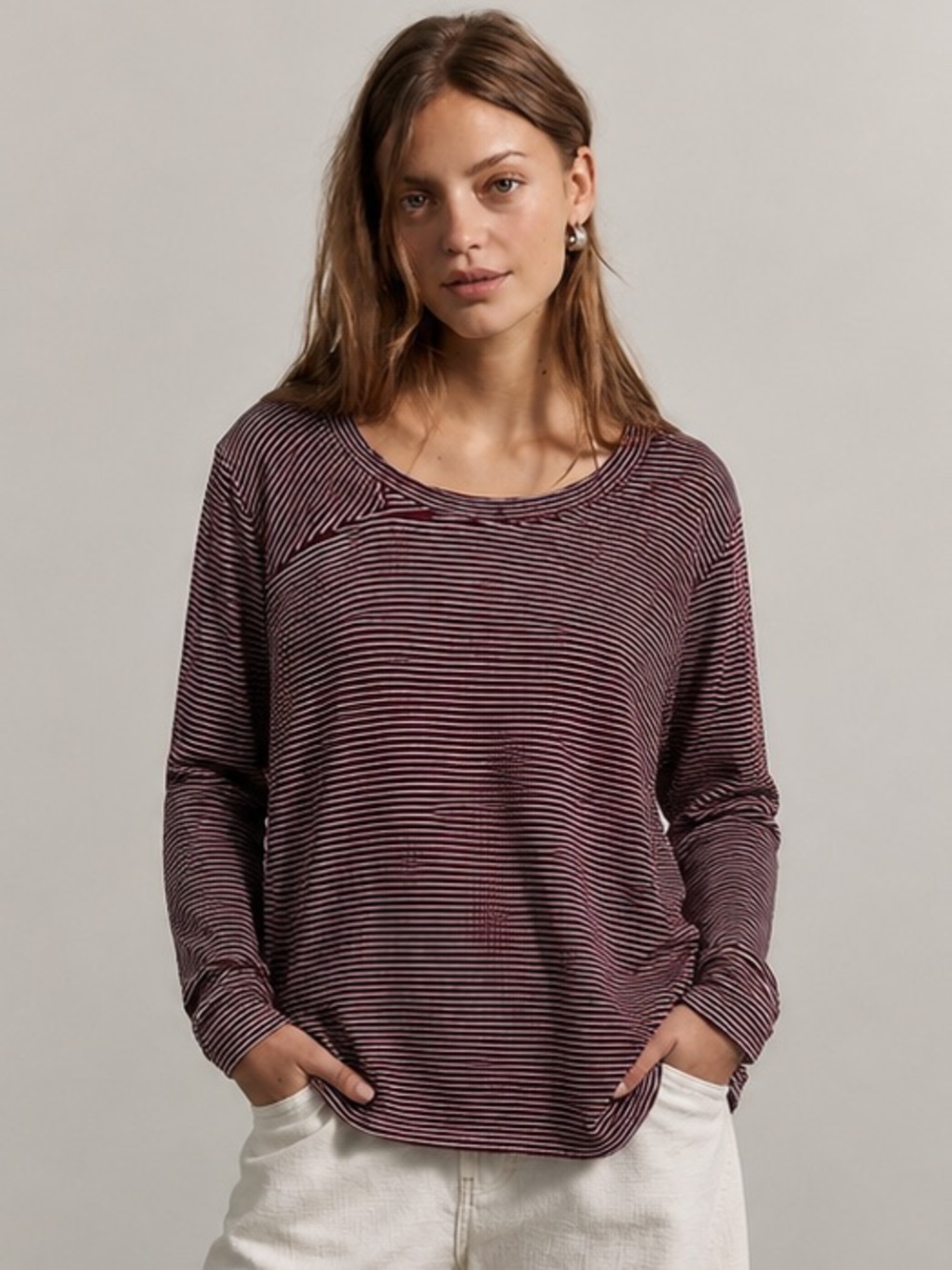 Nau Hemp Blend Micro Stripe Lagenlook Long Sleeve Top Burgundy Asymmetrical Neck